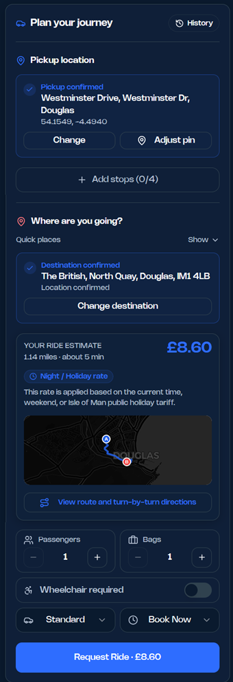 One Island Taxi app showing a confirmed pickup on Westminster Drive, Douglas, a confirmed destination at The British, North Quay, an £8.60 ride estimate at the night or holiday rate, the route map, passenger and bag options and the Request Ride action.