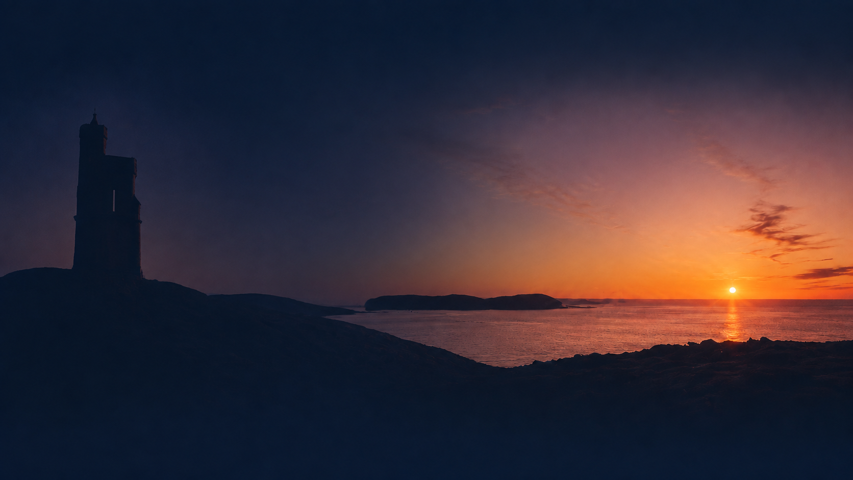 Isle of Man coastal sunset at Bradda Head, with Milner's Tower silhouetted above the sea