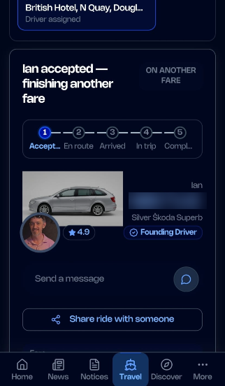 One Island Taxi app showing the accepted ride: driver Ian, a silver Skoda Superb, a 4.9 rating, Founding Driver badge and a share ride action.